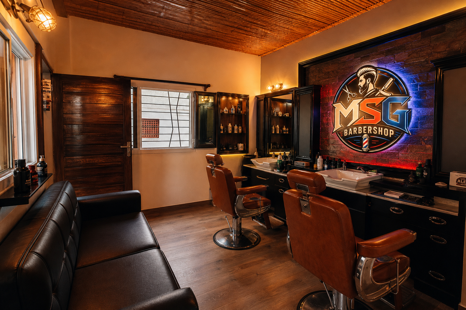 Salon coiffure barber shop ambiance premium Saly Ngaparou Sénégal